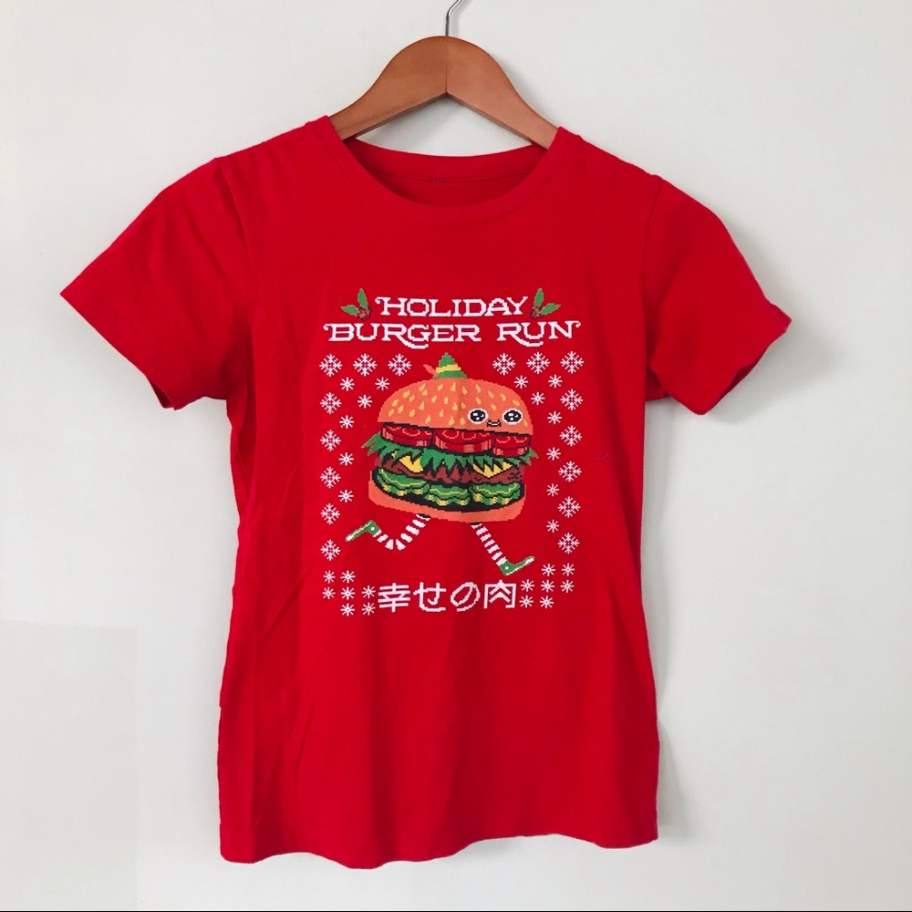 Threadless Christmas Burger Run Holiday Graphic Red T-Shirt Sweater S